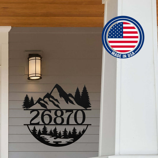 Personalized Mountain, Forest, Nature Landscape Metal Round House Number Sign