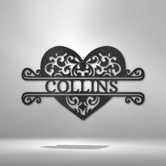 Fancy Heart Monogram - Steel Sign - Custom Family Name Heart Metal Sign
