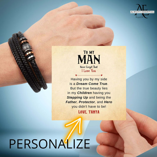 To My Man Vegan Leather Bracelet, With Personalized Card Stepped Up Dad