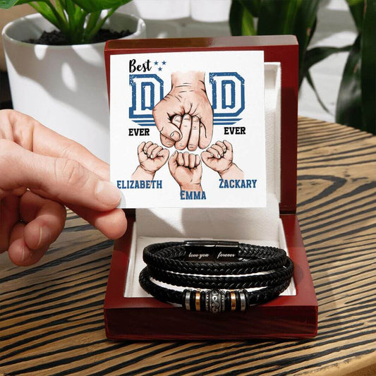 Best Dad Ever Fist Bump Personalized Kids Names Men's Vegan Leather Bracelet Gift