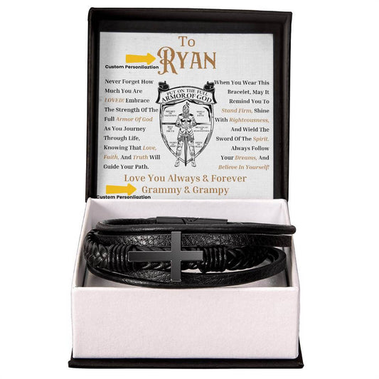 Leather Cross Braided Bracelet For Grandson, Son, Baptism Gift, Religious Gift, Baptized Gift For Him, First Communion Gift - Stainless Steel Cross