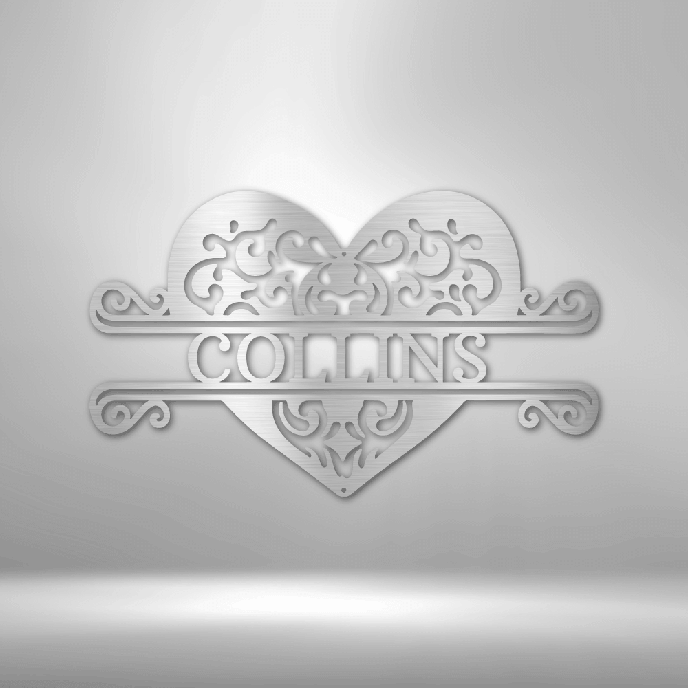 Fancy Heart Monogram - Steel Sign - Custom Family Name Heart Metal Sign